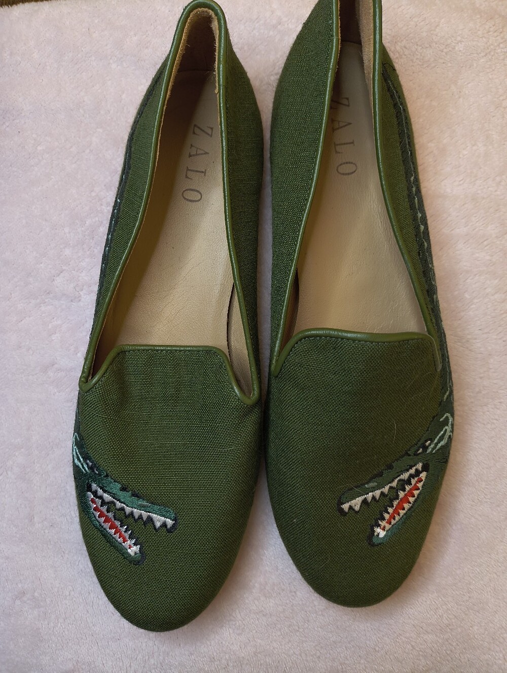 Zalo Green Canvas Dragon Embroidered Loafers